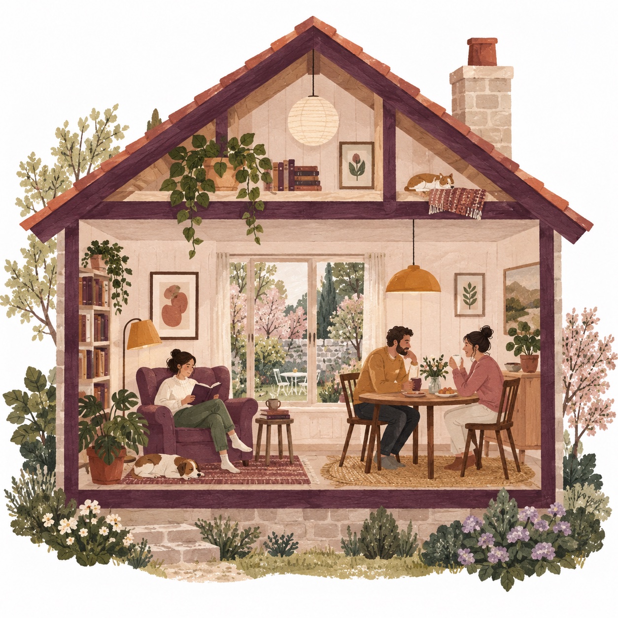 An illustrated cutaway house showing the everyday life of a family